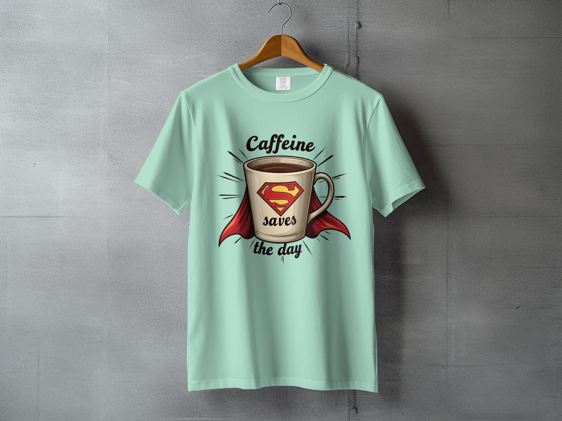 Caffeine Saves The Day Funny Coffee Lover Graphic T-Shirt - IconVexa