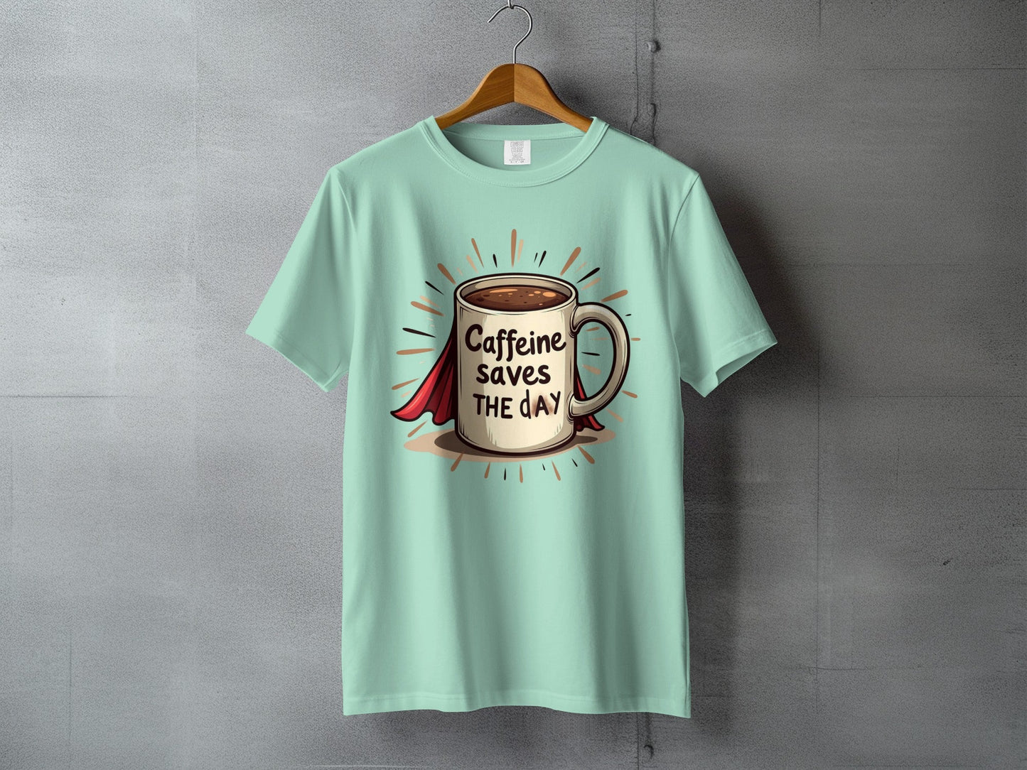 Caffeine Saves The Day Funny Coffee Lover Superhero T-Shirt - IconVexa
