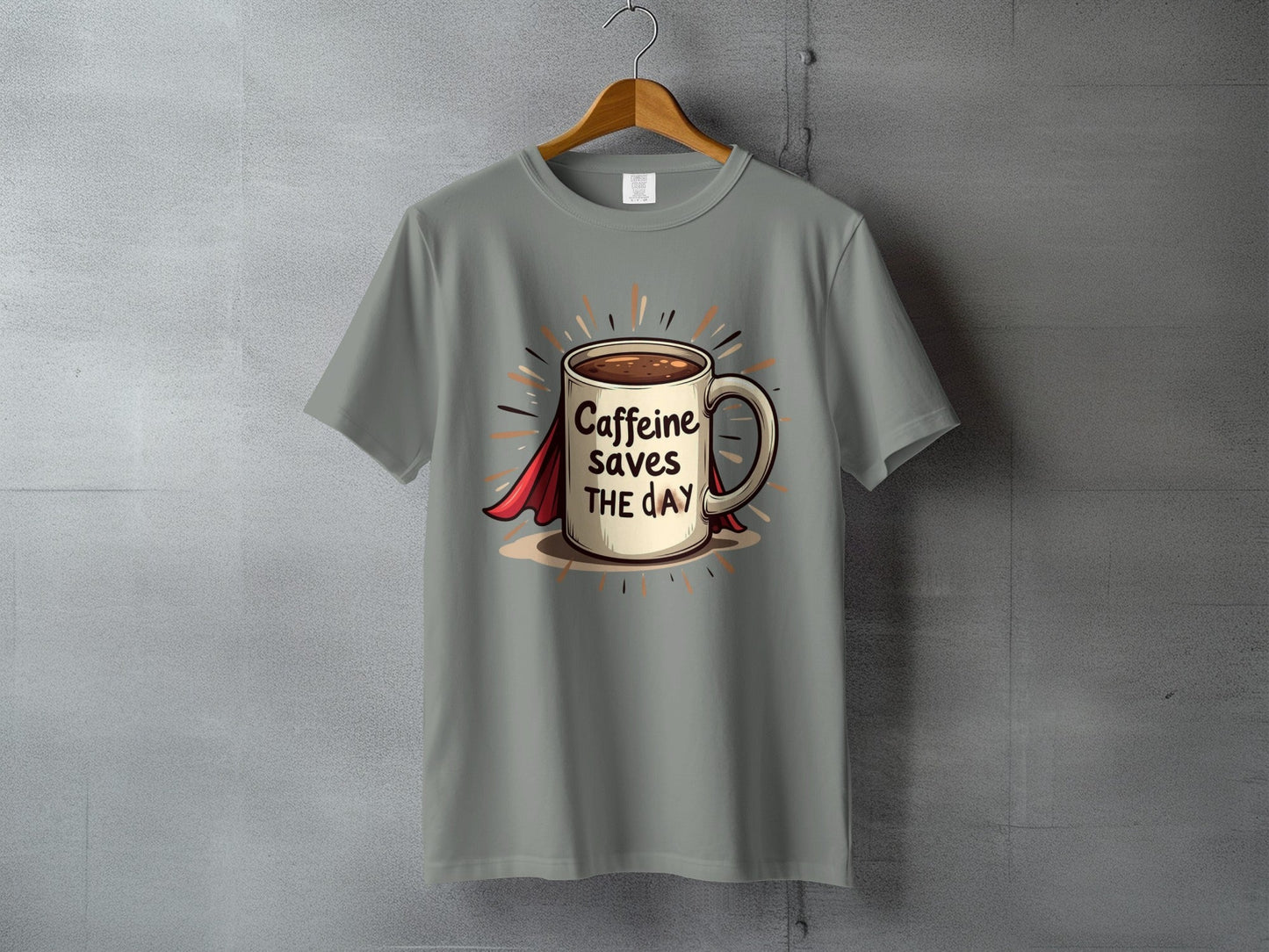 Caffeine Saves The Day Funny Coffee Lover Superhero T-Shirt - IconVexa