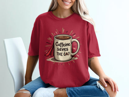Caffeine Saves The Day Funny Coffee Lover Superhero T-Shirt - IconVexa