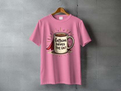 Caffeine Saves The Day Funny Coffee Lover Superhero T-Shirt - IconVexa