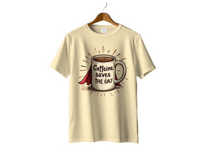 Caffeine Saves The Day Funny Coffee Lover Superhero T-Shirt - IconVexa