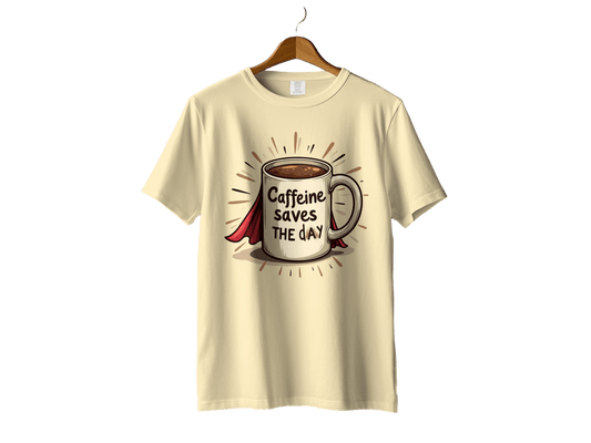 Caffeine Saves The Day Funny Coffee Lover Superhero T-Shirt - IconVexa