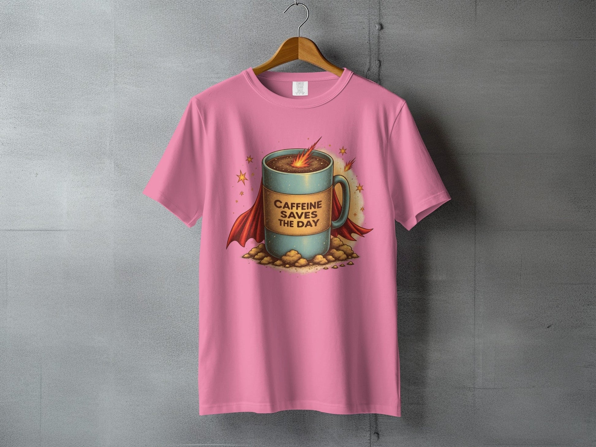 Caffeine Saves The Day Funny Coffee Super Hero T-Shirt - IconVexa