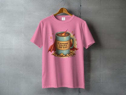 Caffeine Saves The Day Funny Coffee Super Hero T-Shirt - IconVexa