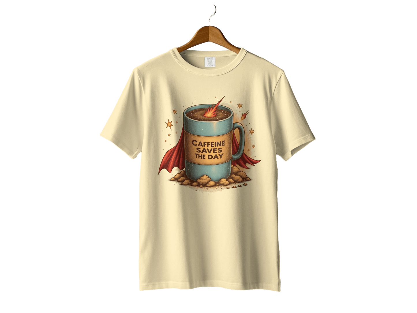 Caffeine Saves The Day Funny Coffee Super Hero T-Shirt - IconVexa