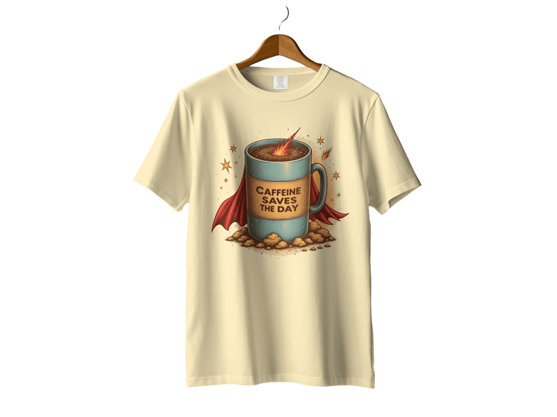 Caffeine Saves The Day Funny Coffee Super Hero T-Shirt - IconVexa