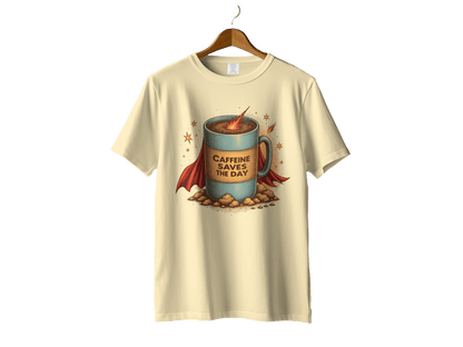 Caffeine Saves The Day Funny Coffee Super Hero T-Shirt - IconVexa