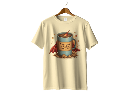 Caffeine Saves The Day Funny Coffee Super Hero T-Shirt - IconVexa