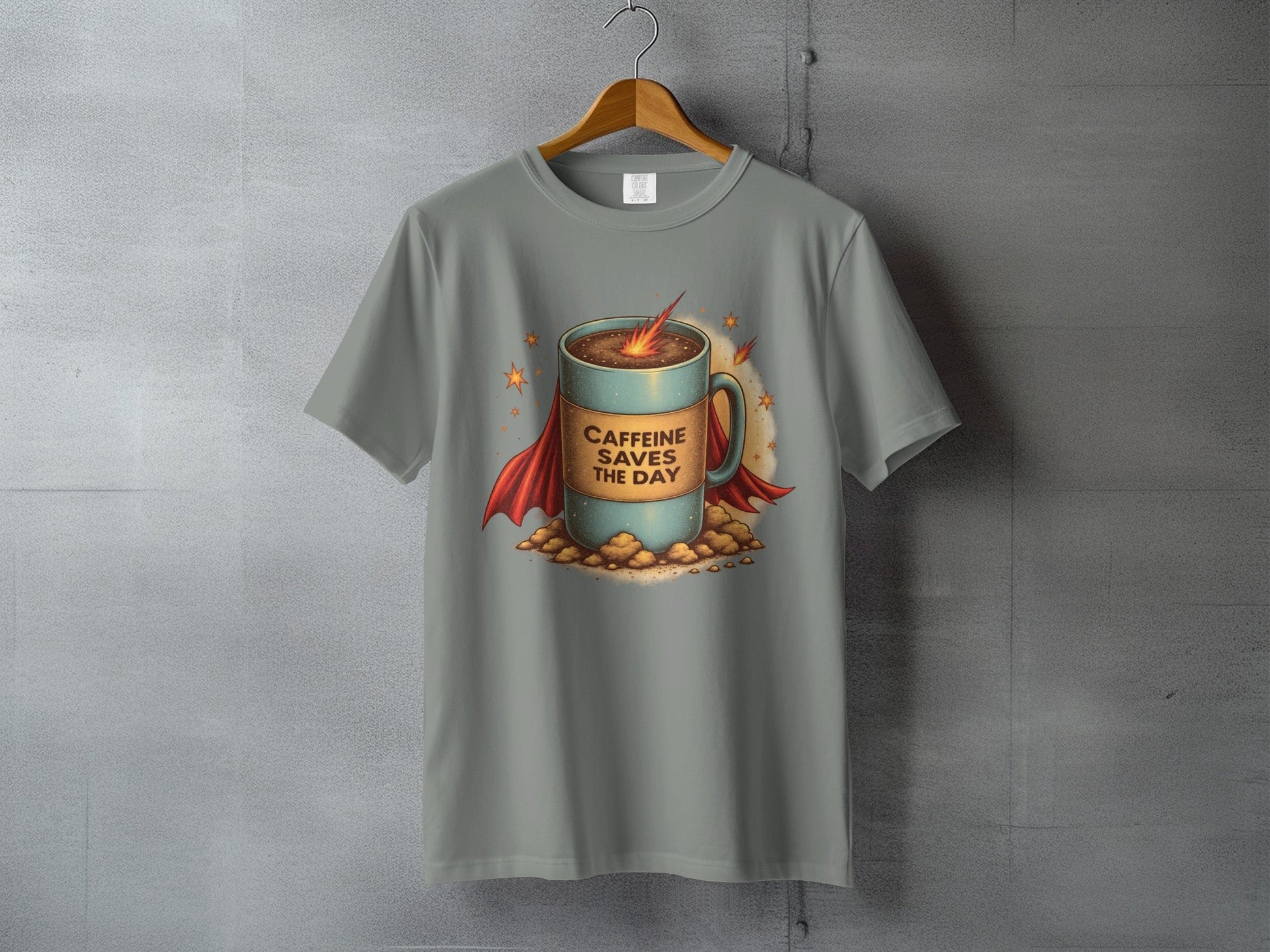 Caffeine Saves The Day Funny Coffee Super Hero T-Shirt - IconVexa