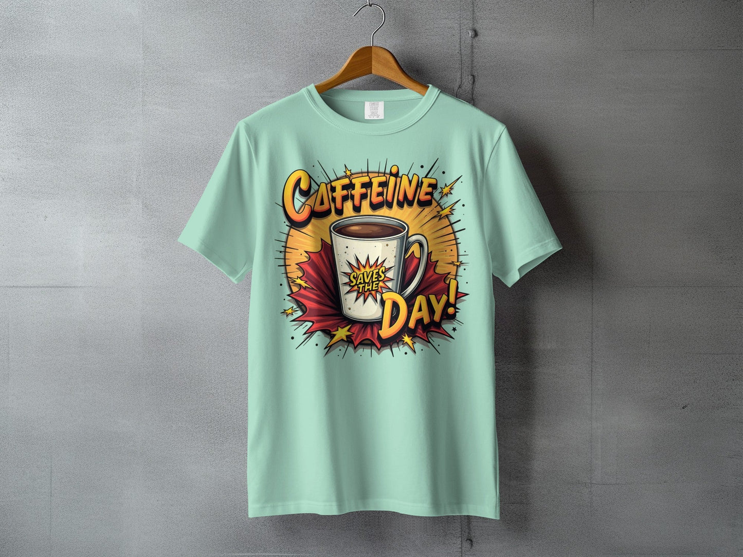 Caffeine Saves The Day! Graphic Novel Style Design T-Shirt - IconVexa