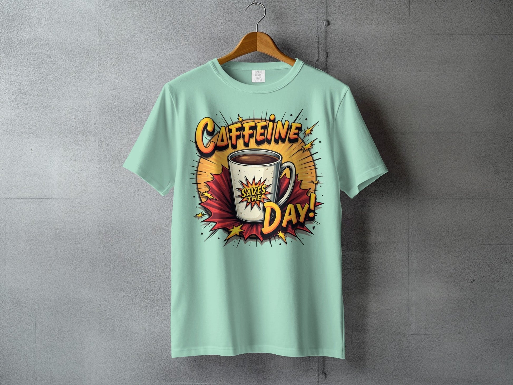 Caffeine Saves The Day! Graphic Novel Style Design T-Shirt - IconVexa