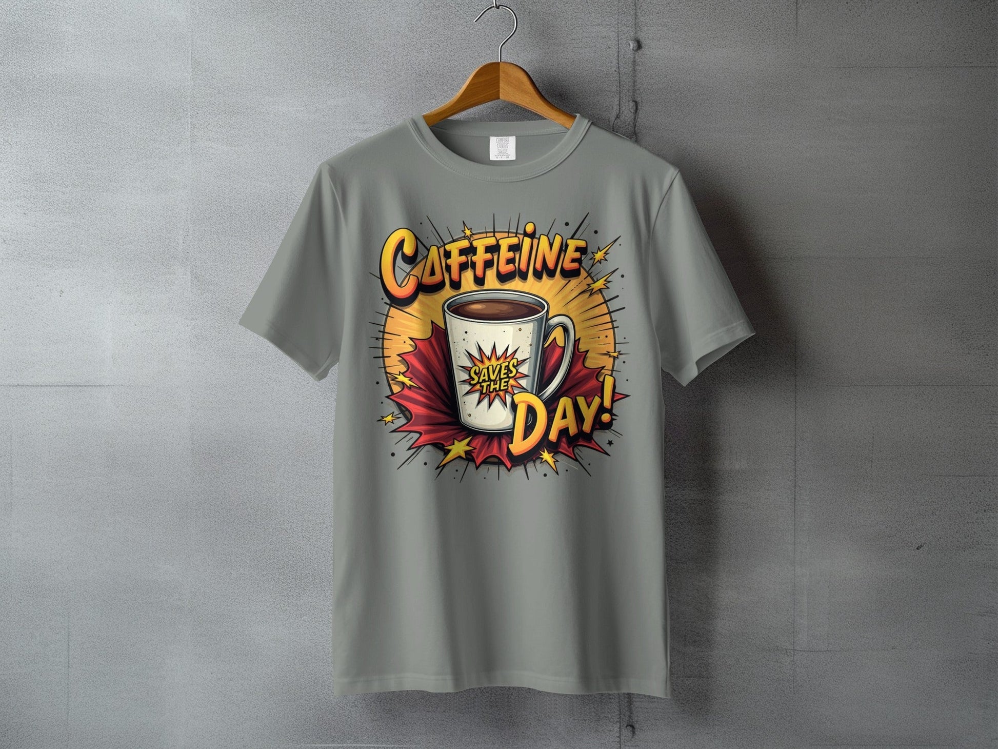 Caffeine Saves The Day! Graphic Novel Style Design T-Shirt - IconVexa