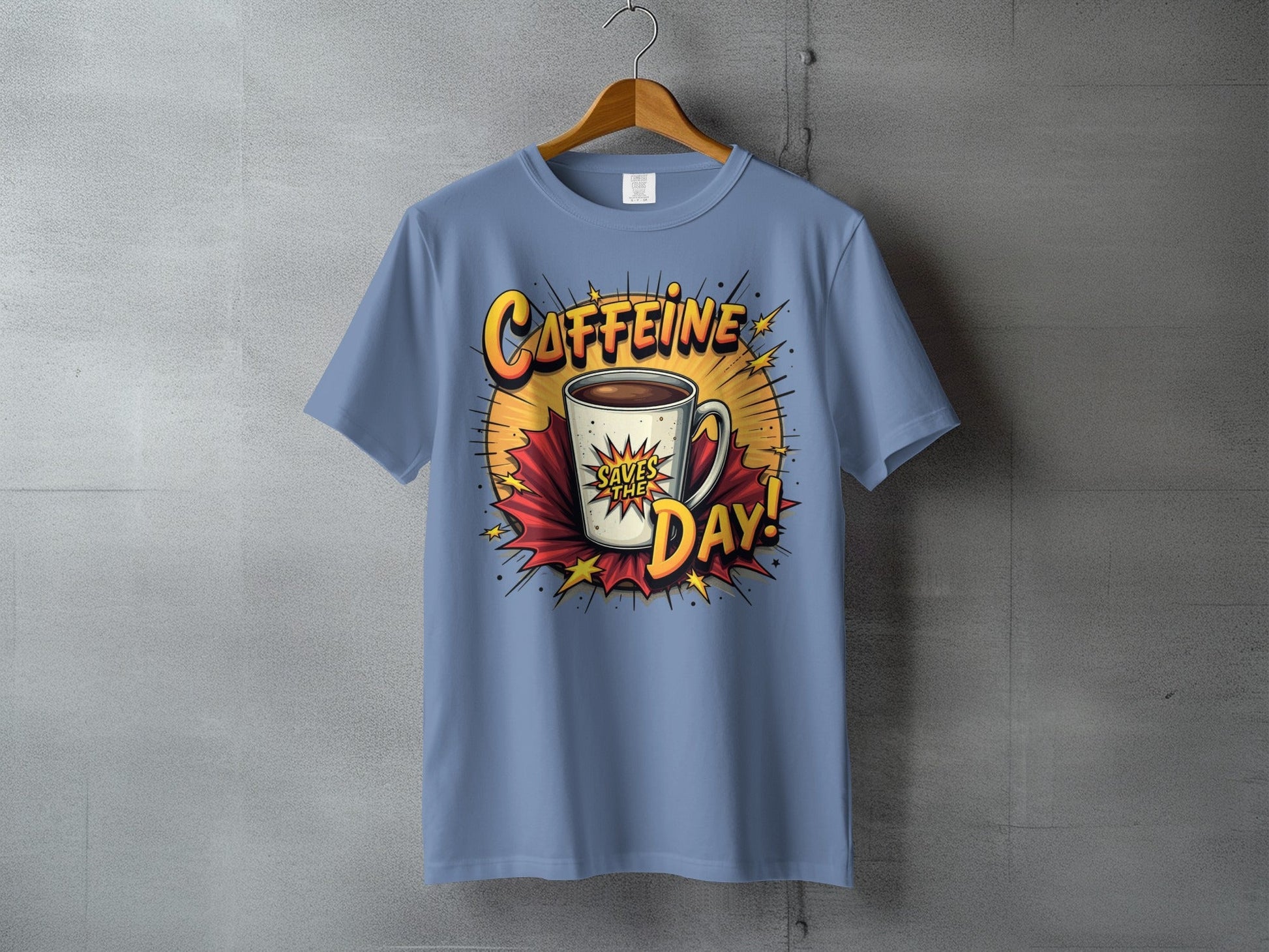 Caffeine Saves The Day! Graphic Novel Style Design T-Shirt - IconVexa