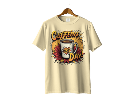 Caffeine Saves The Day! Graphic Novel Style Design T-Shirt - IconVexa