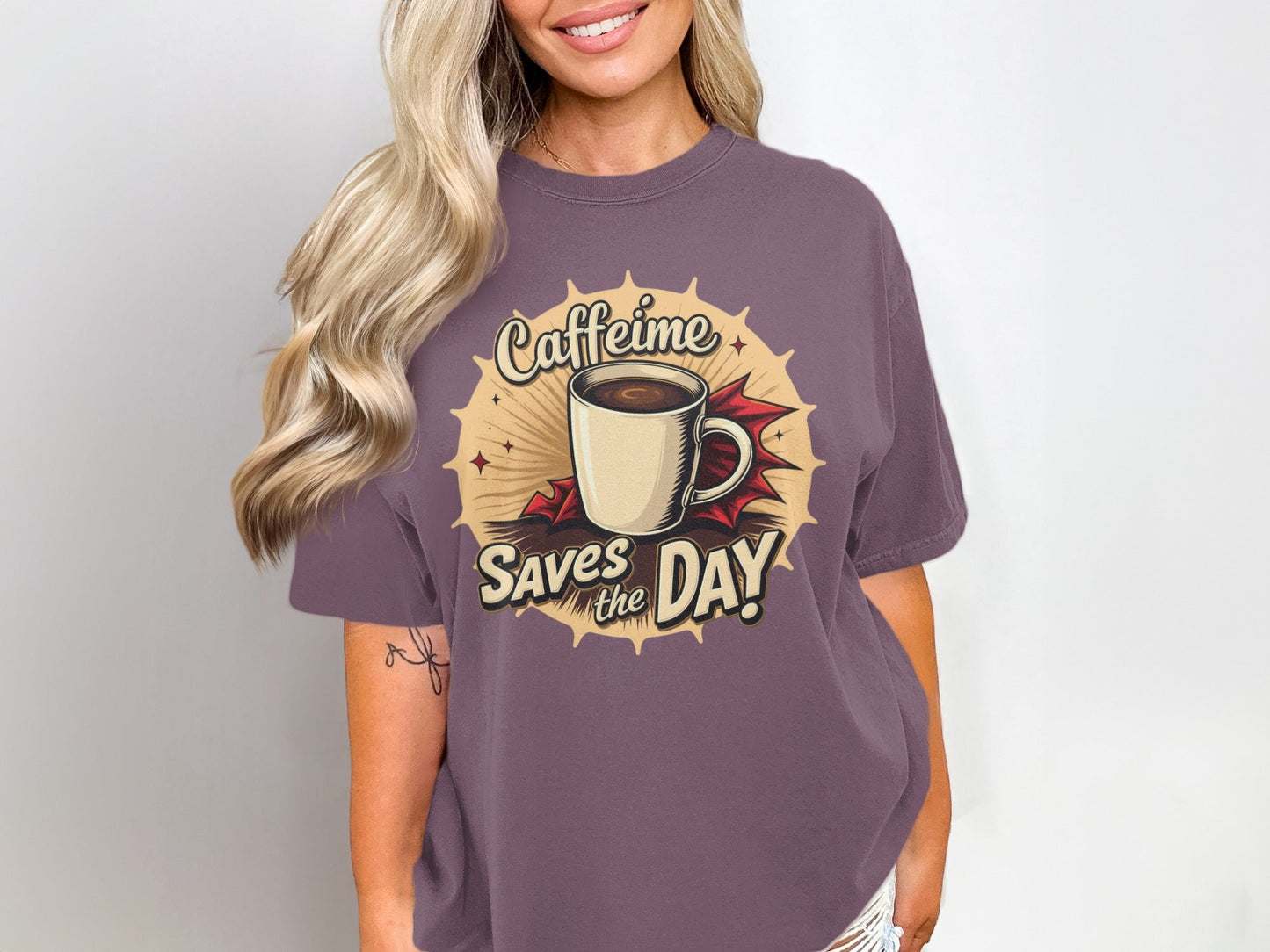 Caffeine Saves the Day Graphic Novel Style Light T-Shirt - IconVexa