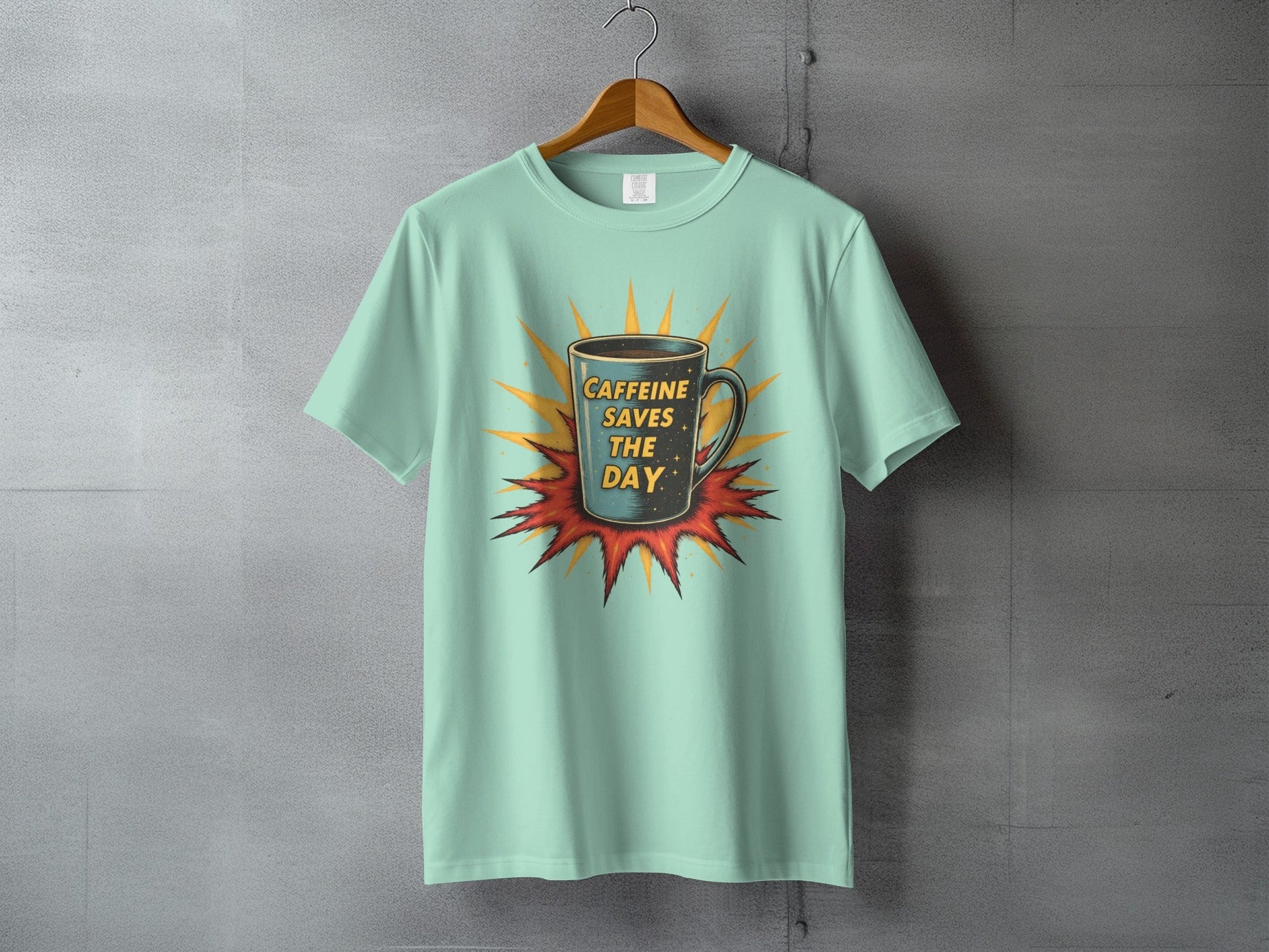 Caffeine Saves The Day Graphic Novelty Comic T-Shirt - IconVexa