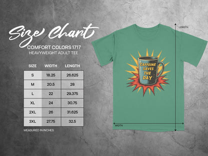 Caffeine Saves The Day Graphic Novelty Comic T-Shirt - IconVexa
