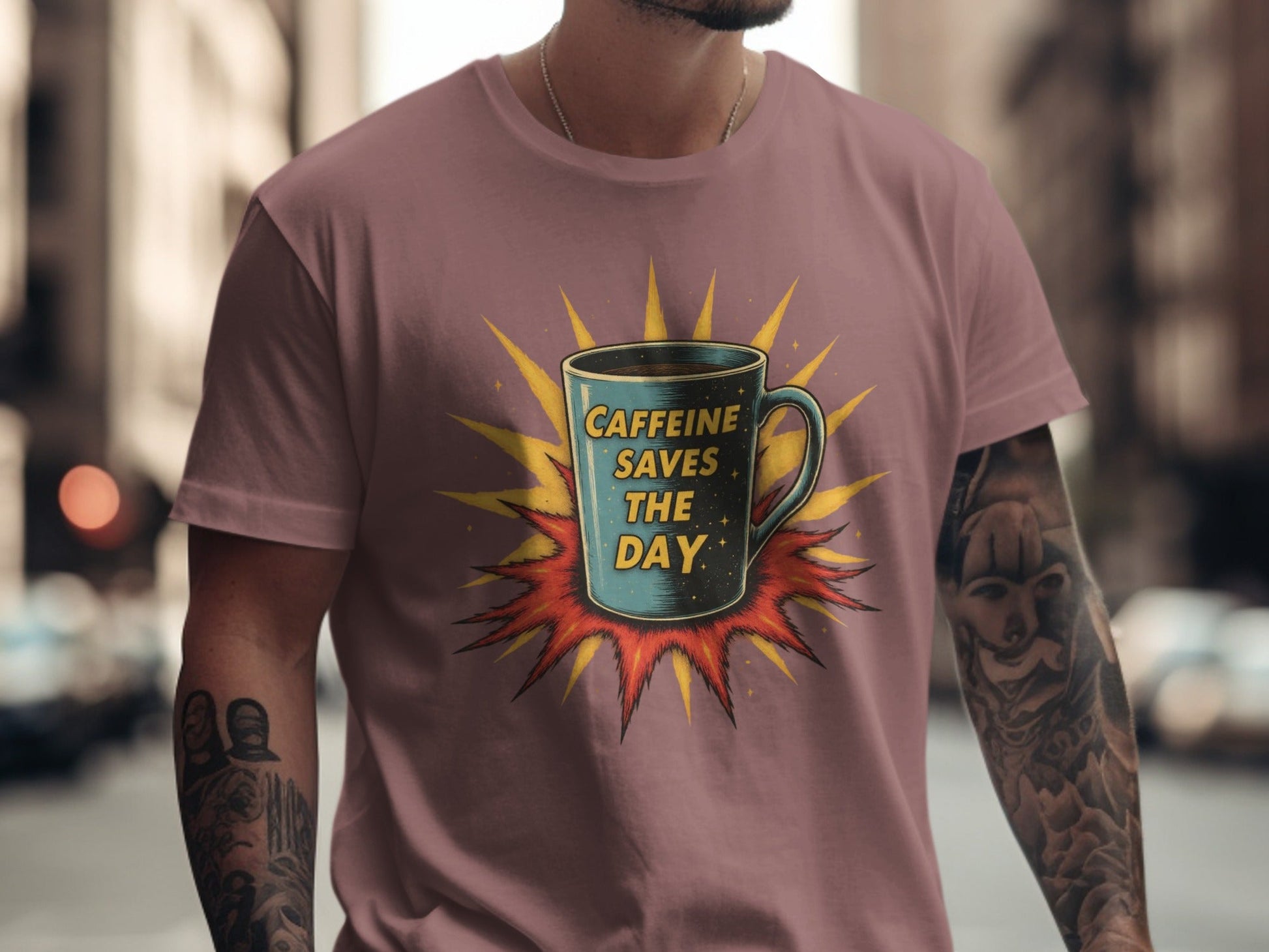 Caffeine Saves The Day Graphic Novelty Comic T-Shirt - IconVexa