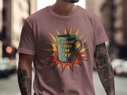Caffeine Saves The Day Graphic Novelty Comic T-Shirt - IconVexa