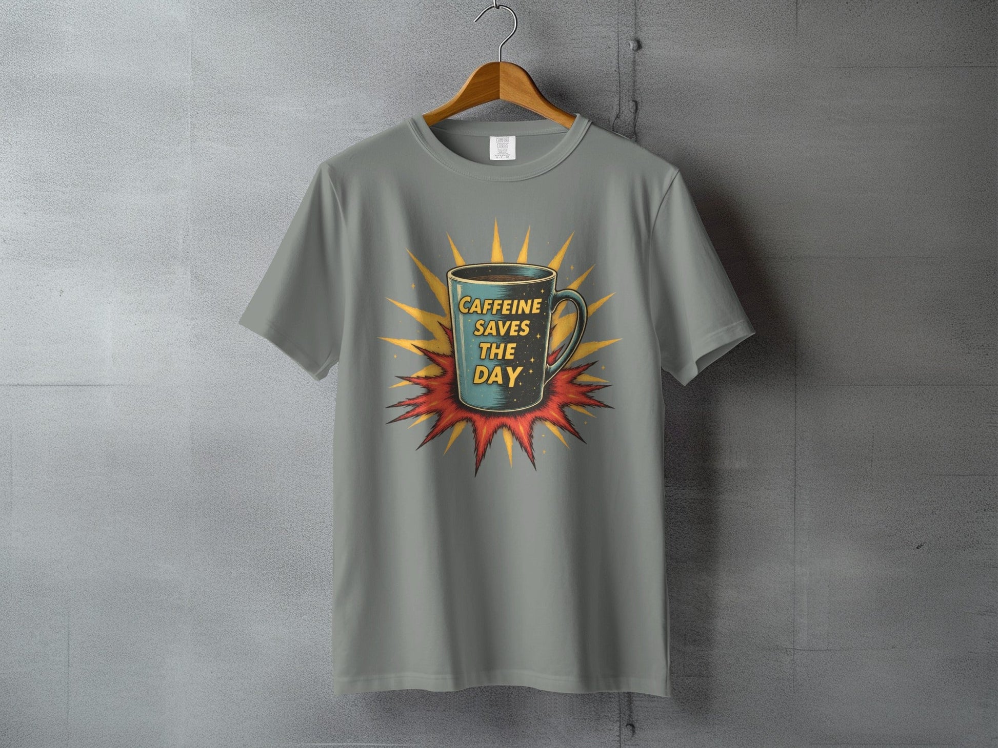 Caffeine Saves The Day Graphic Novelty Comic T-Shirt - IconVexa