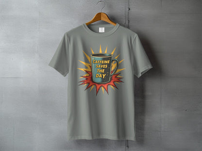 Caffeine Saves The Day Graphic Novelty Comic T-Shirt - IconVexa