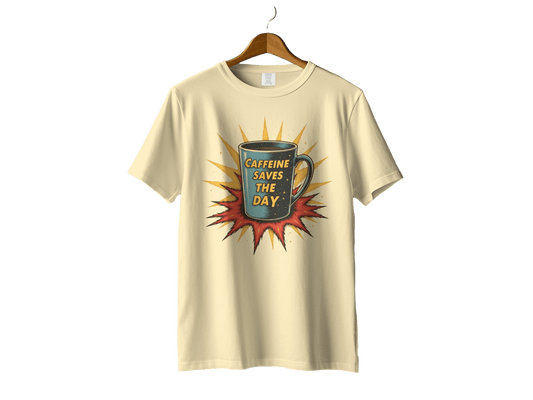 Caffeine Saves The Day Graphic Novelty Comic T-Shirt - IconVexa