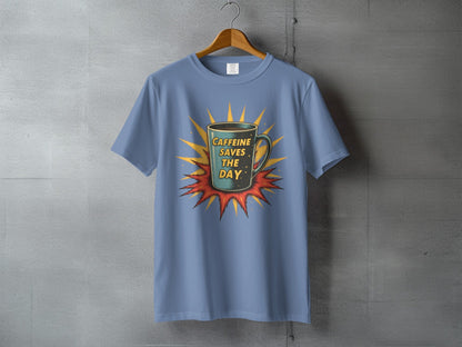 Caffeine Saves The Day Graphic Novelty Comic T-Shirt - IconVexa