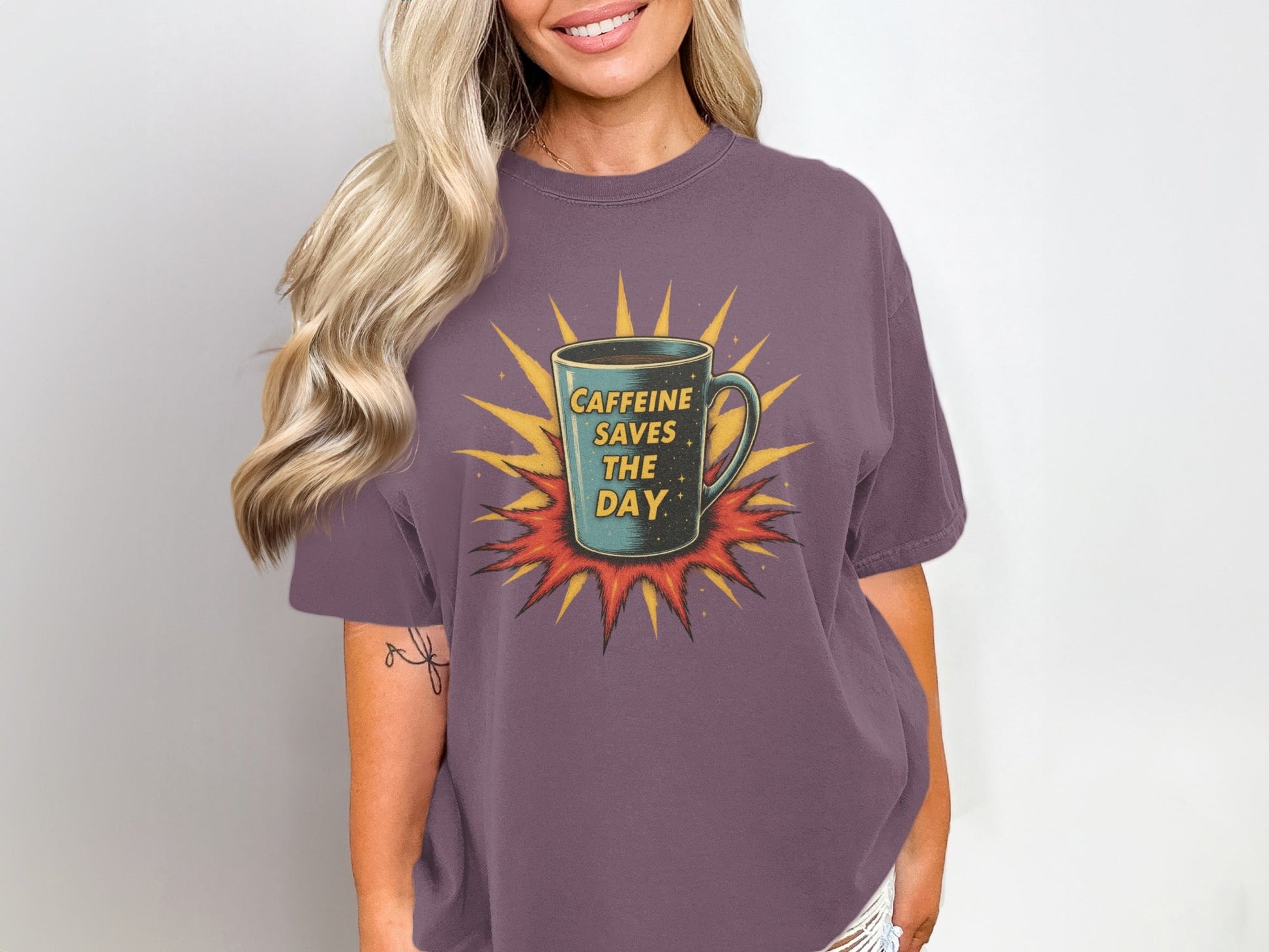 Caffeine Saves The Day Graphic Novelty Comic T-Shirt - IconVexa