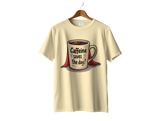 Caffeine Saves The Day Hero Coffee Lover Humor Graphic T-Shirt - IconVexa