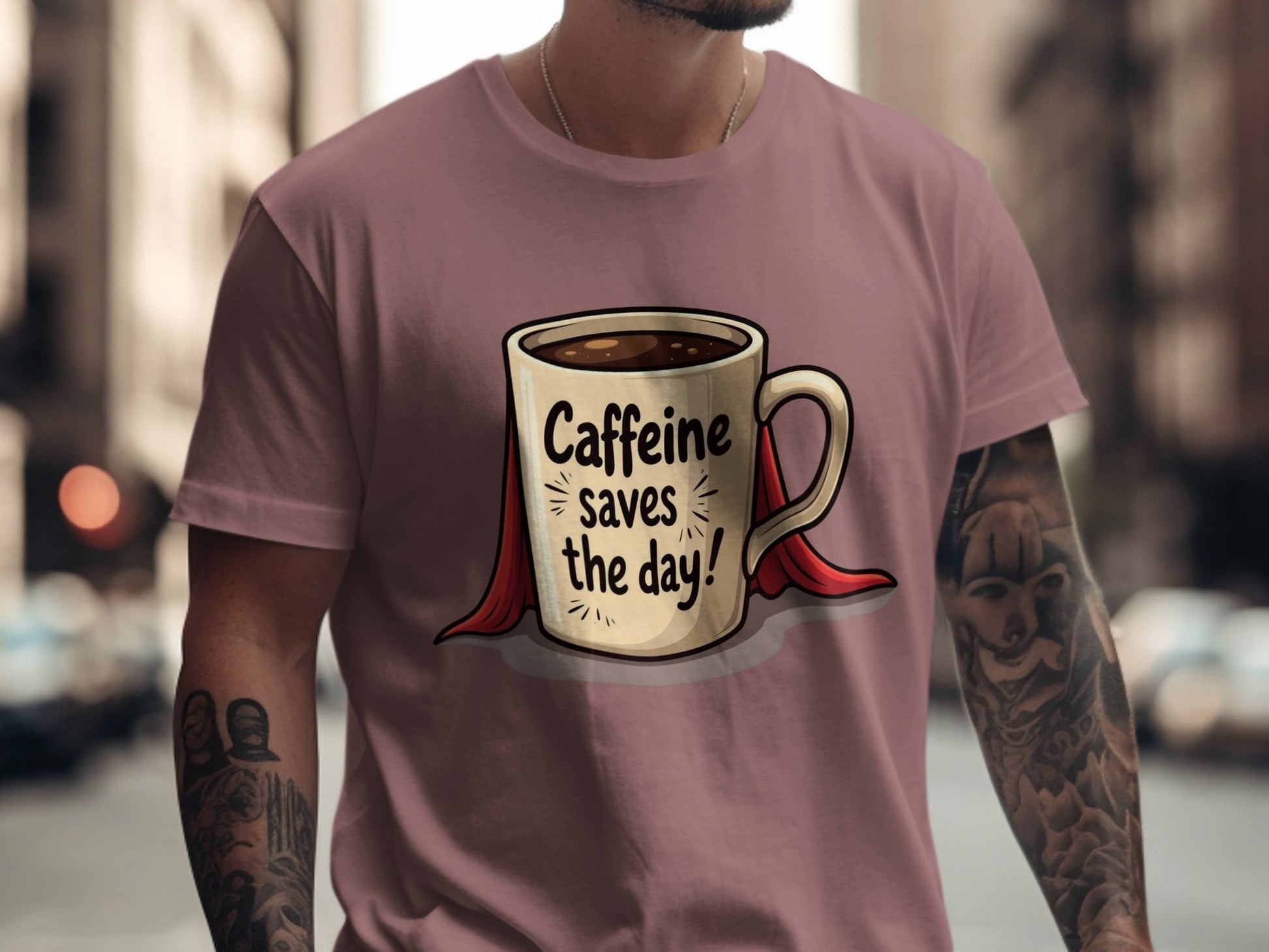 Caffeine Saves The Day Hero Coffee Lover Humor Graphic T-Shirt - IconVexa