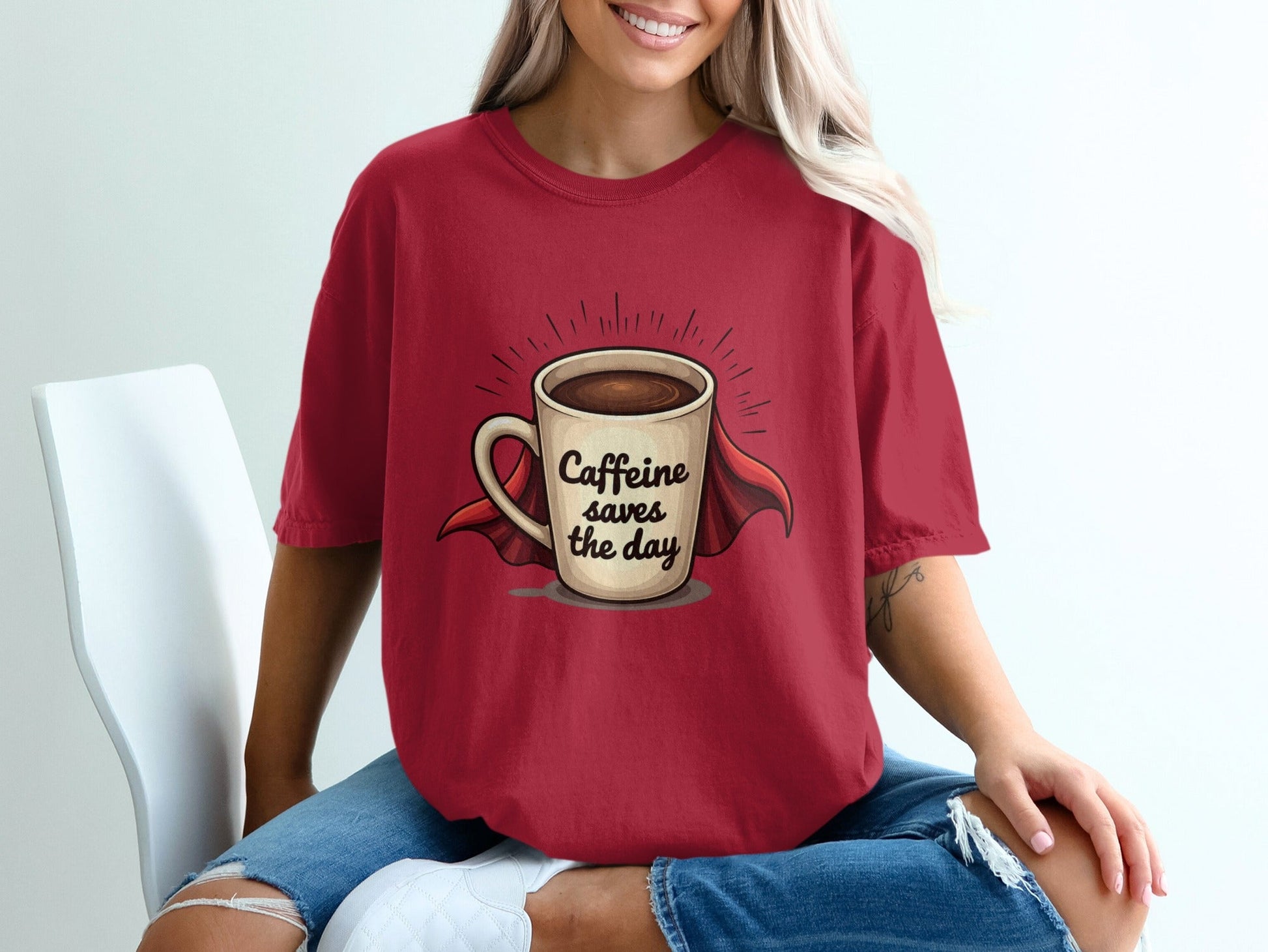 Caffeine Saves the Day Super Coffee Graphic Print T-Shirt - IconVexa