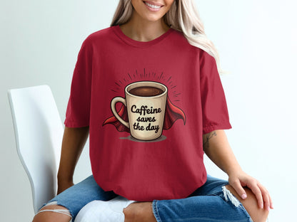 Caffeine Saves the Day Super Coffee Graphic Print T-Shirt - IconVexa