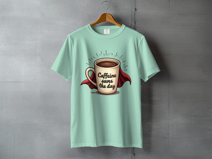 Caffeine Saves the Day Super Coffee Graphic Print T-Shirt - IconVexa