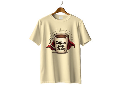 Caffeine Saves the Day Super Coffee Graphic Print T-Shirt - IconVexa