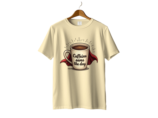 Caffeine Saves the Day Super Coffee Graphic Print T-Shirt - IconVexa