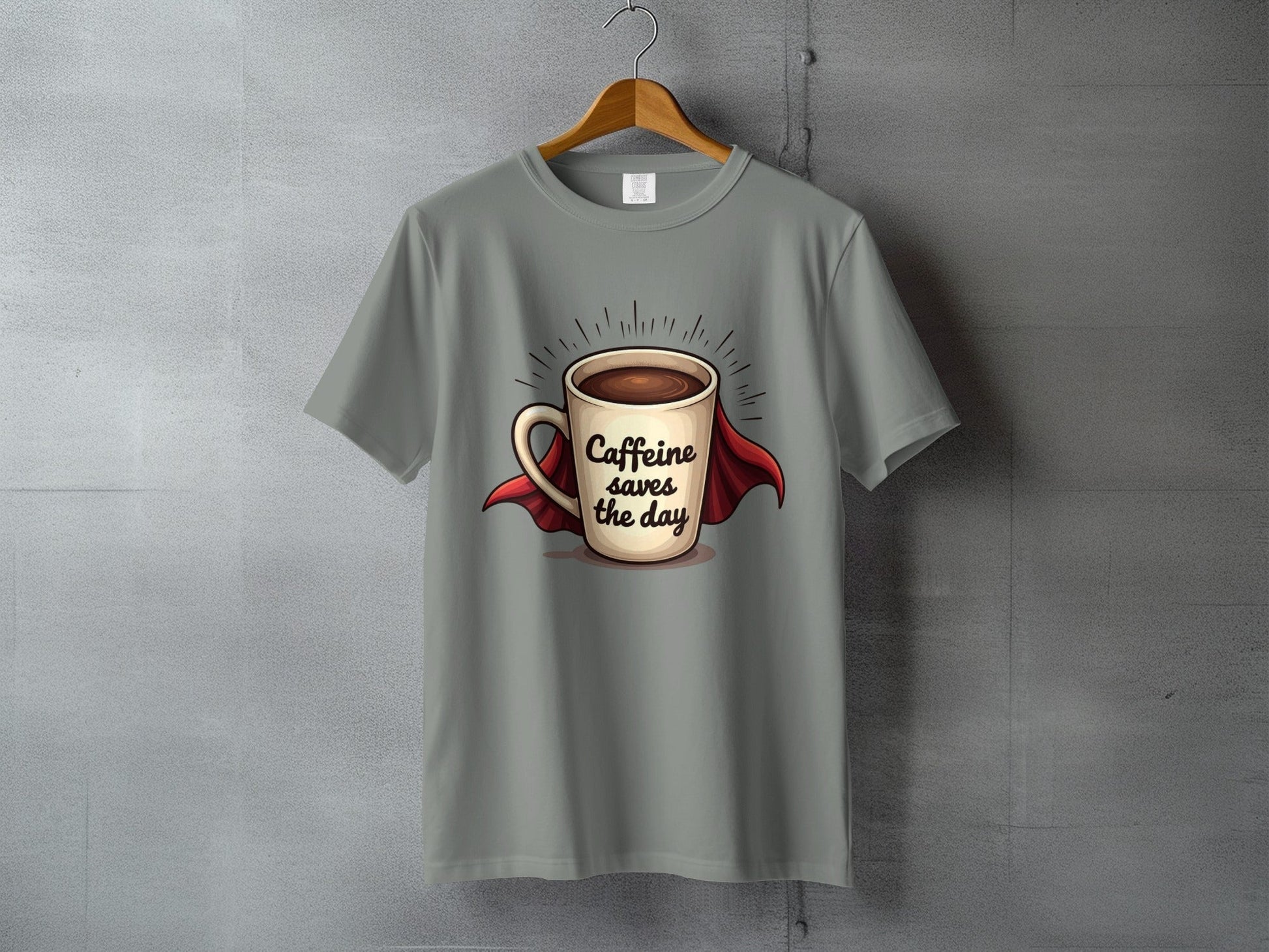 Caffeine Saves the Day Super Coffee Graphic Print T-Shirt - IconVexa