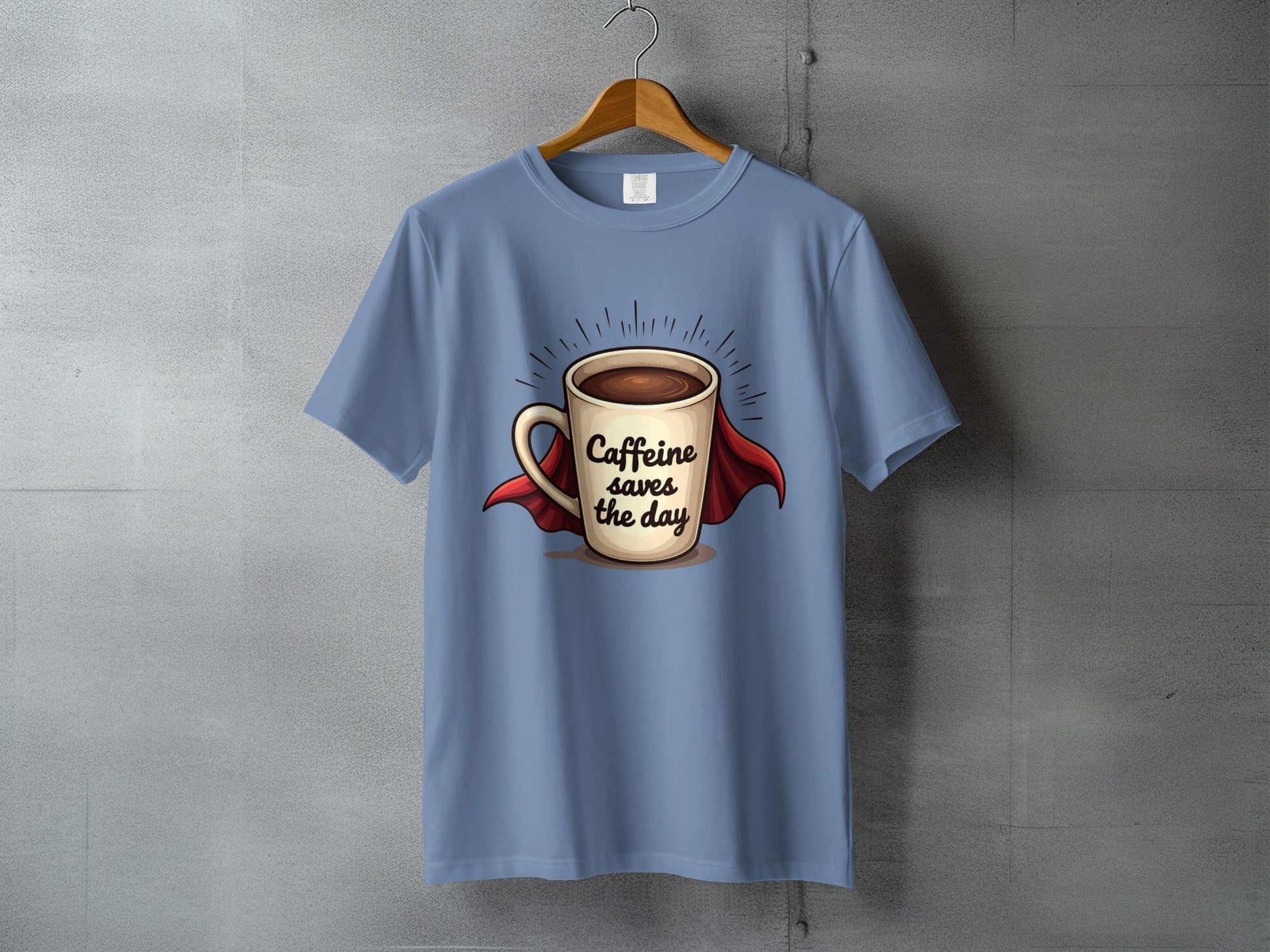 Caffeine Saves the Day Super Coffee Graphic Print T-Shirt - IconVexa