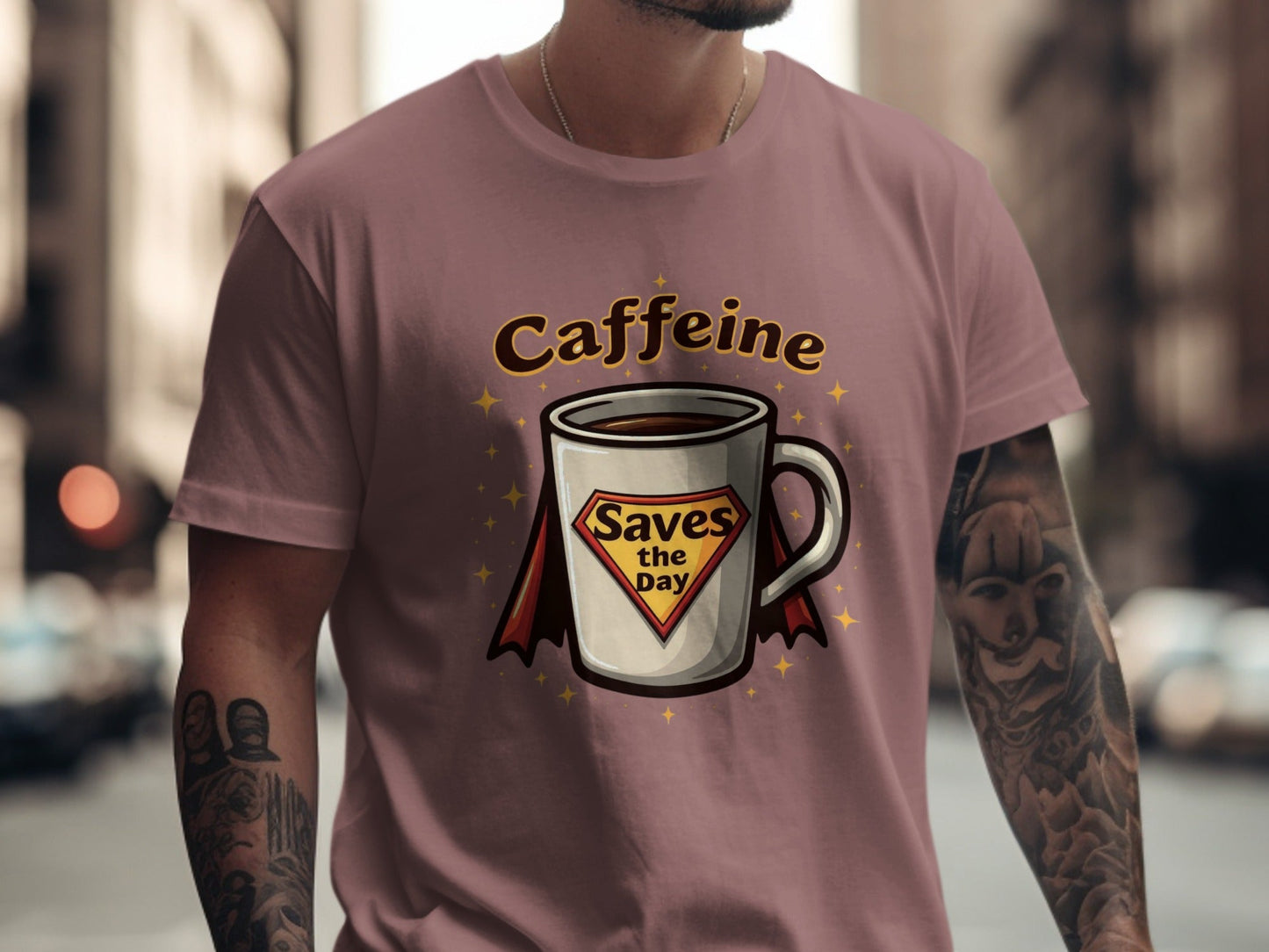 Caffeine Saves the Day Super Hero Coffee Cup T-Shirt - IconVexa