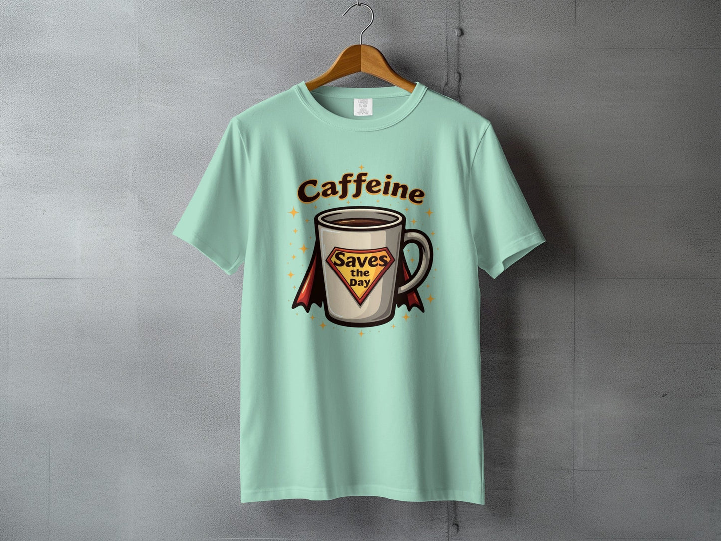 Caffeine Saves the Day Super Hero Coffee Cup T-Shirt - IconVexa