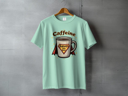 Caffeine Saves the Day Super Hero Coffee Cup T-Shirt - IconVexa