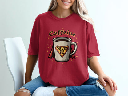 Caffeine Saves the Day Super Hero Coffee Cup T-Shirt - IconVexa