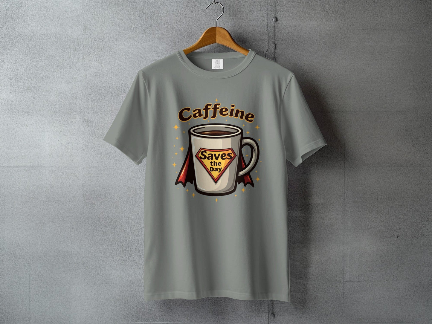Caffeine Saves the Day Super Hero Coffee Cup T-Shirt - IconVexa