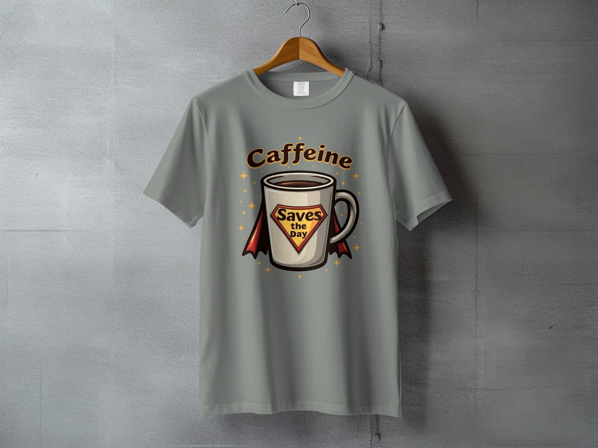 Caffeine Saves the Day Super Hero Coffee Cup T-Shirt - IconVexa