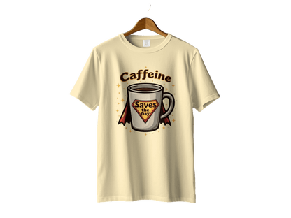 Caffeine Saves the Day Super Hero Coffee Cup T-Shirt - IconVexa