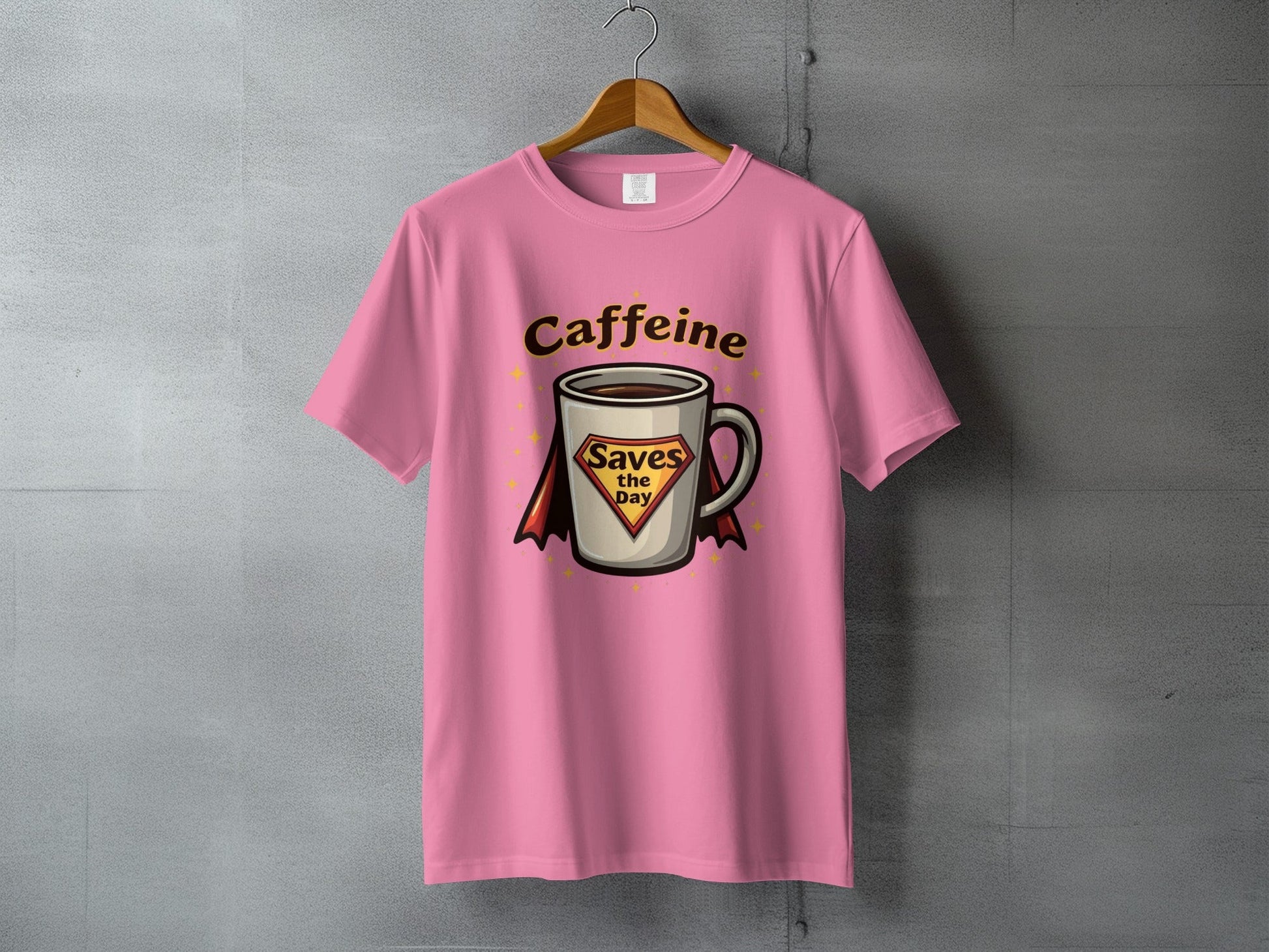 Caffeine Saves the Day Super Hero Coffee Cup T-Shirt - IconVexa