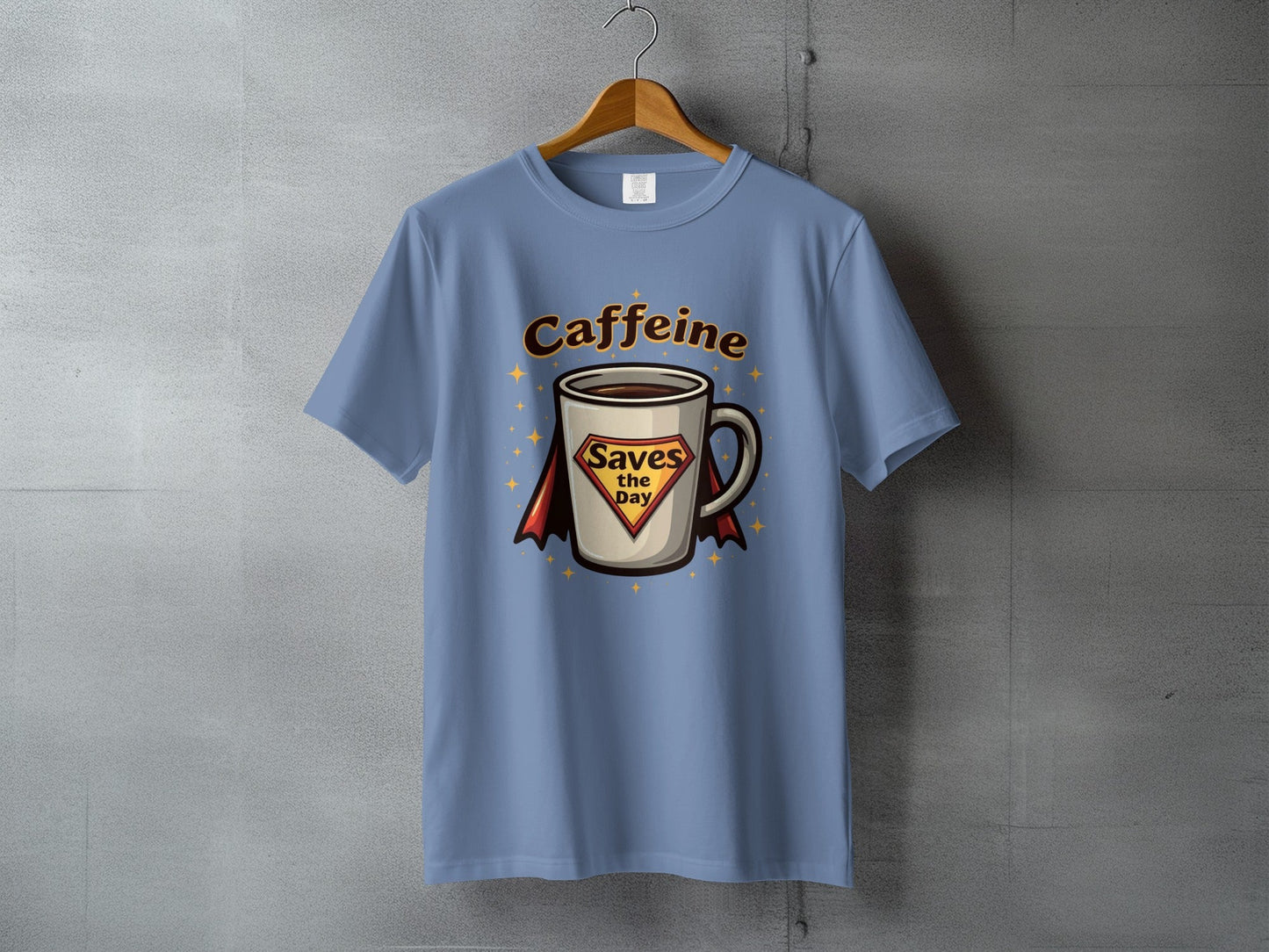 Caffeine Saves the Day Super Hero Coffee Cup T-Shirt - IconVexa