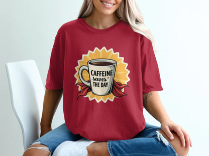 Caffeine Saves The Day T-Shirt, Coffee Lover Tee, Funny Coffee Shirt, Coffee Hero T-Shirt, Gift For Caffeine Addict, Coffee Cup Shirt - IconVexa