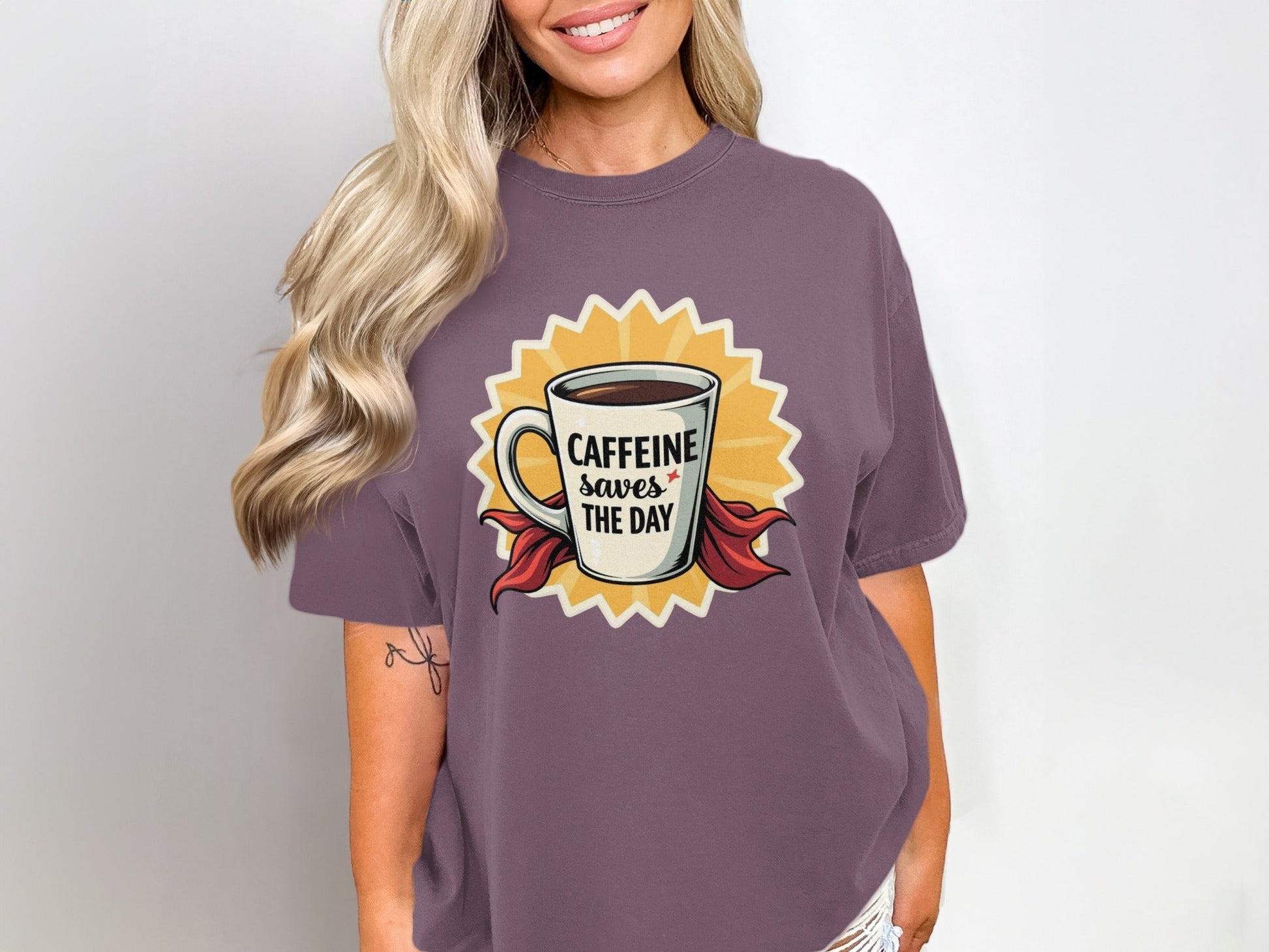 Caffeine Saves The Day T-Shirt, Coffee Lover Tee, Funny Coffee Shirt, Coffee Hero T-Shirt, Gift For Caffeine Addict, Coffee Cup Shirt - IconVexa