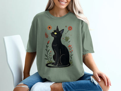 Cat in Floral Garden Graphic Crewneck Lavender T-Shirt - IconVexa